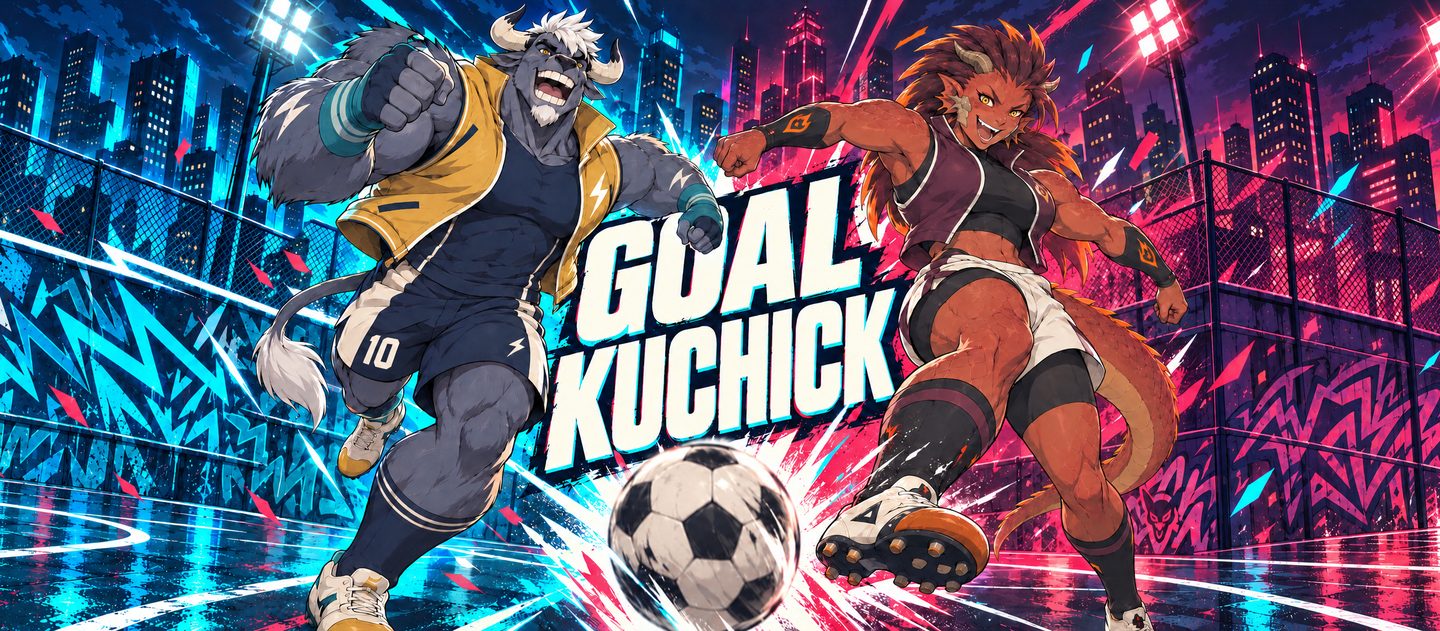 Goal Kuchick key art: Bront the bull and Cinder face off over the ball under the city's floodlights