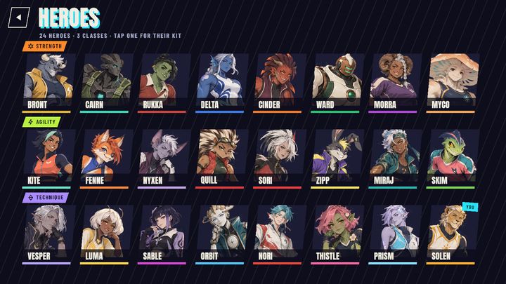 The 24 heroes in their three classes