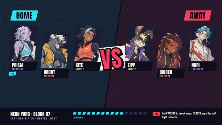 The versus screen: home crew against away crew